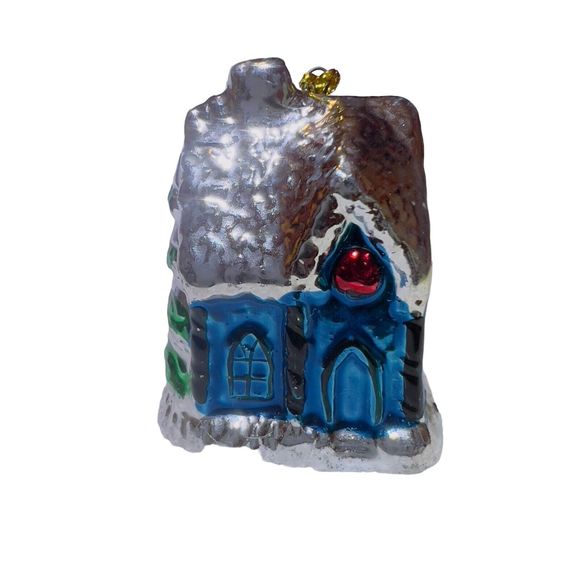 VTG Ceramic Christmas Tree Village House Metallic Glaze Green Blue Ornament - Picture 1 of 7